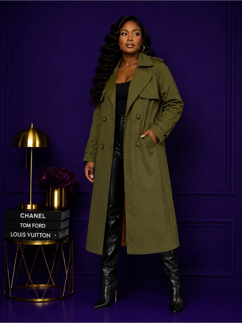 Women’s Olive Double-Breasted Trench Coat with Notch Collar
